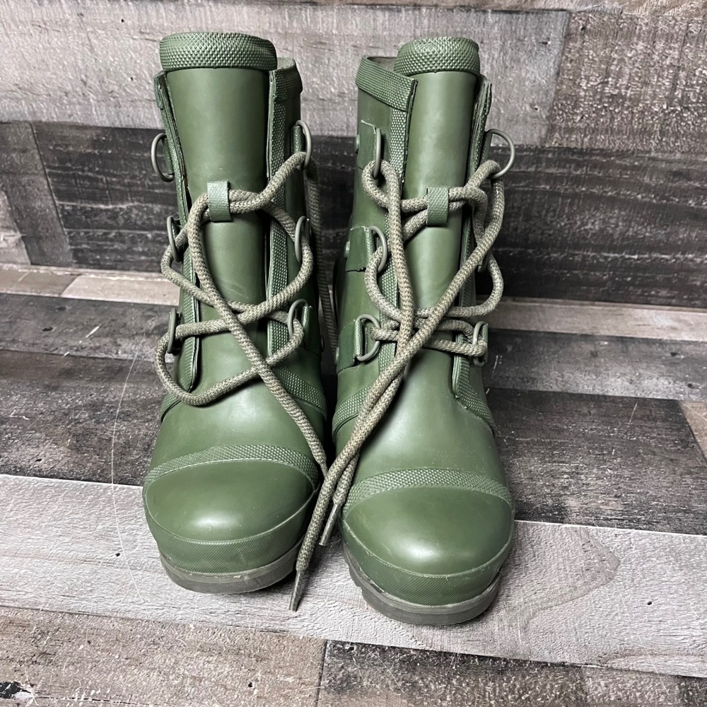 Sorel Joan of Arctic Wedge Rain Boots Olive Green Rubber Lace Up Waterproof - Picture 6 of 12